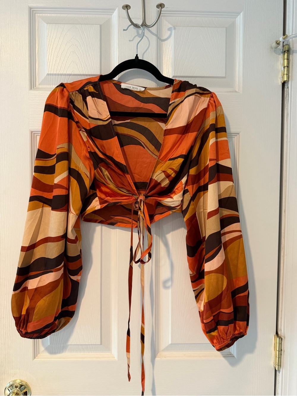 12th Tribe Rust Brown Multi-Print Tie-Front Crop Top